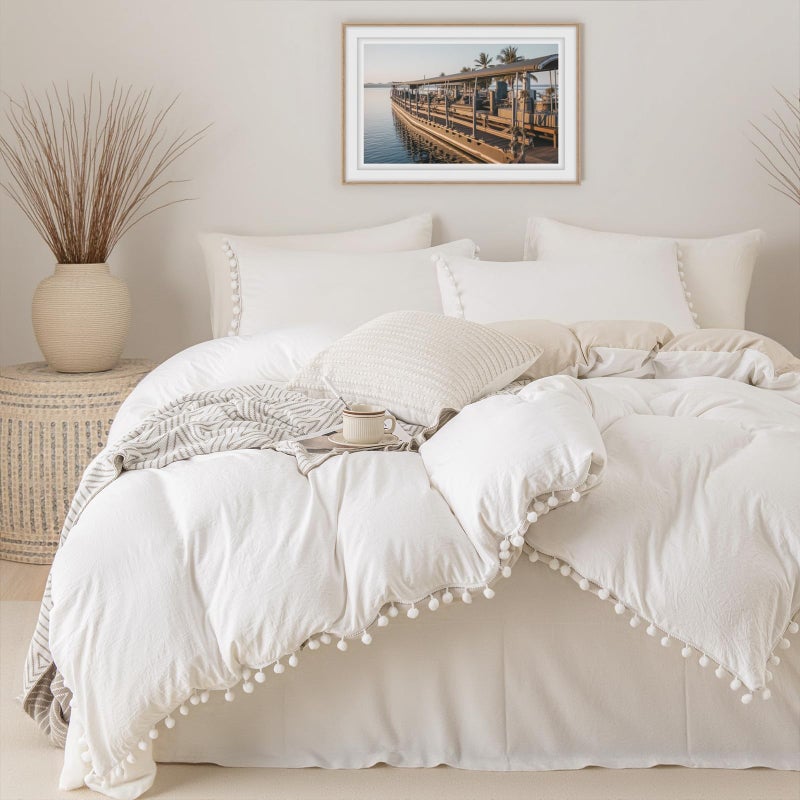 Bedbay White King Size Comforter Set Farmhouse Boho Bedding Ultra Soft Lightweight Comforter Cute Pom Pom Fringe Bedding Set Preppy Room Decor Aesthetic Bedding 3 Pcs(White&Beige,King) - Image 4