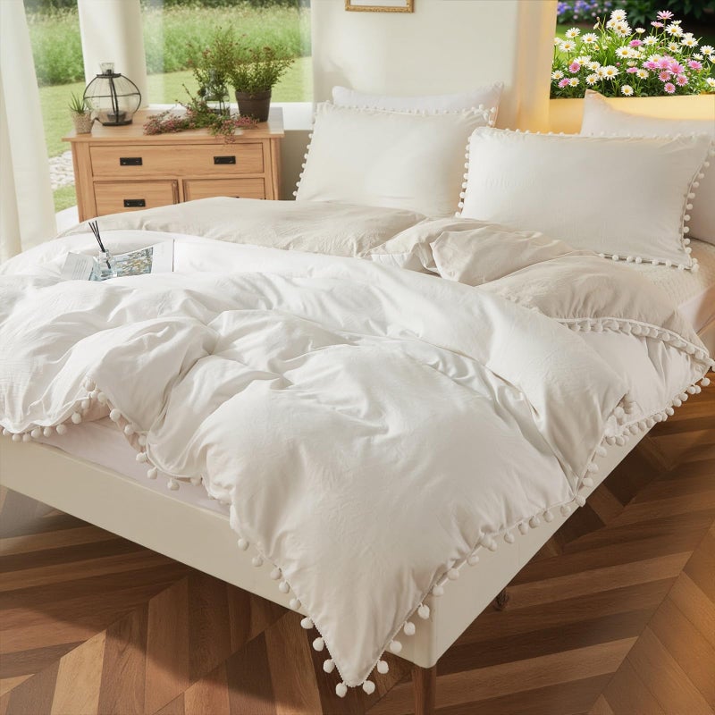 Bedbay White King Size Comforter Set Farmhouse Boho Bedding Ultra Soft Lightweight Comforter Cute Pom Pom Fringe Bedding Set Preppy Room Decor Aesthetic Bedding 3 Pcs(White&Beige,King) - Image 2