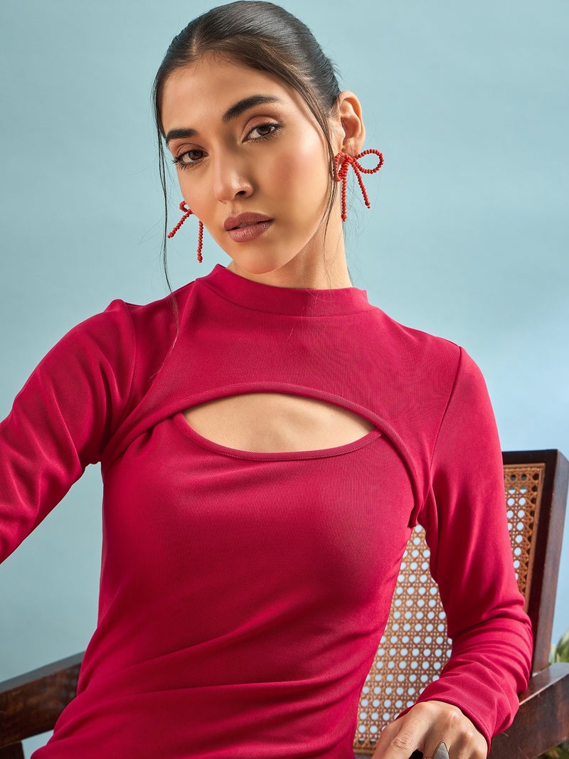 PANIT Ribbed Bodycon Cut-Out Midi Dress - Magenta - Image 3