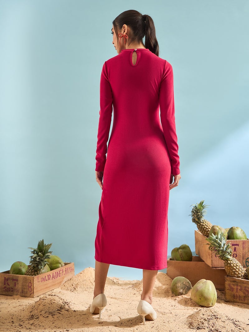 PANIT Ribbed Bodycon Cut-Out Midi Dress - Magenta - Image 1