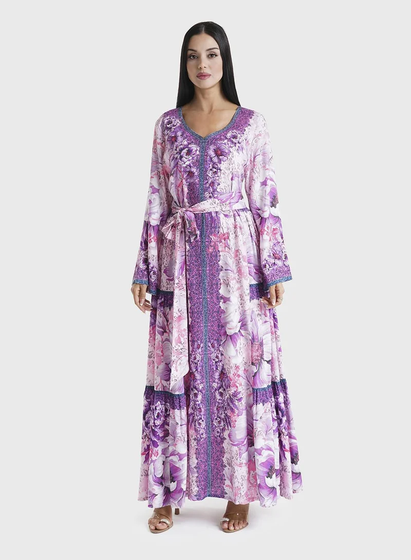 KASHKHA Lavender Floral Printed Rayon Stone Work Jalabiya (VDM911)