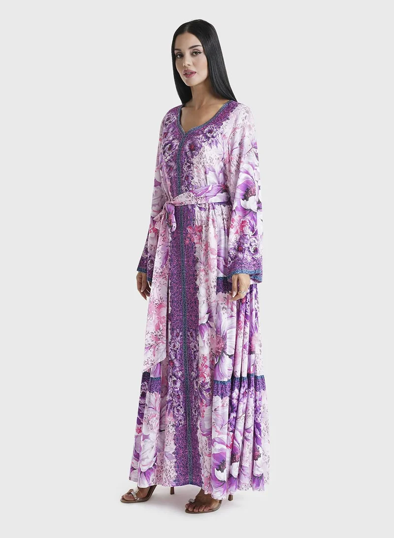 KASHKHA  Lavender Floral Printed Rayon Stone Work Jalabiya (VDM911) for Women | Best Price UAE