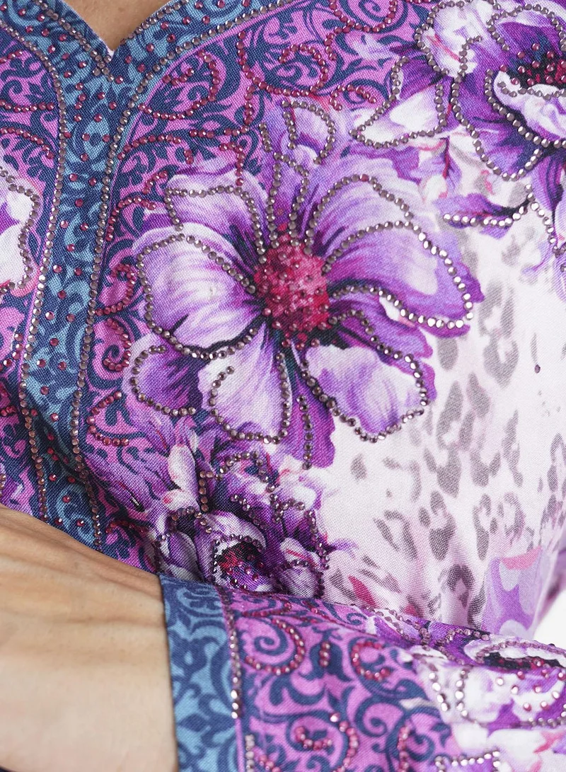 KASHKHA  Lavender Floral Printed Rayon Stone Work Jalabiya (VDM911) for Women | Best Price UAE