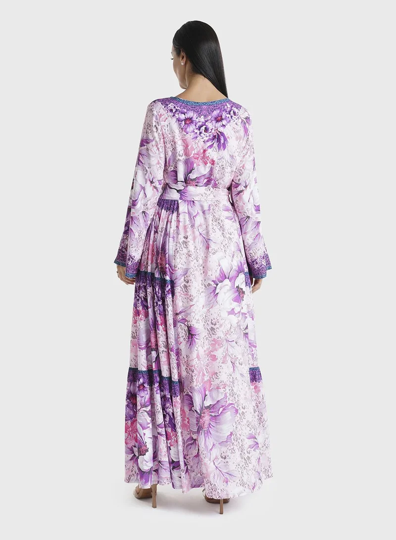 KASHKHA  Lavender Floral Printed Rayon Stone Work Jalabiya (VDM911) for Women | Best Price UAE