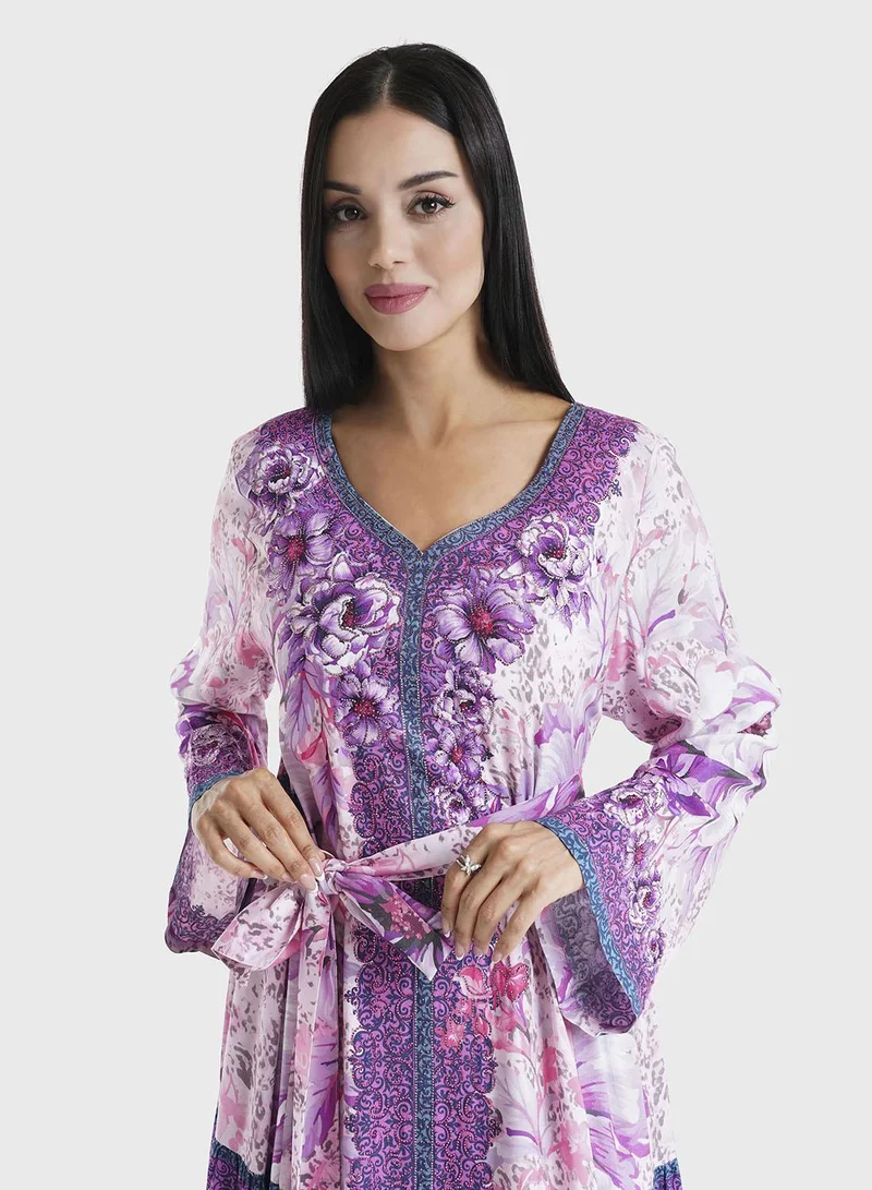 KASHKHA Lavender Floral Printed Rayon Stone Work Jalabiya (VDM911)