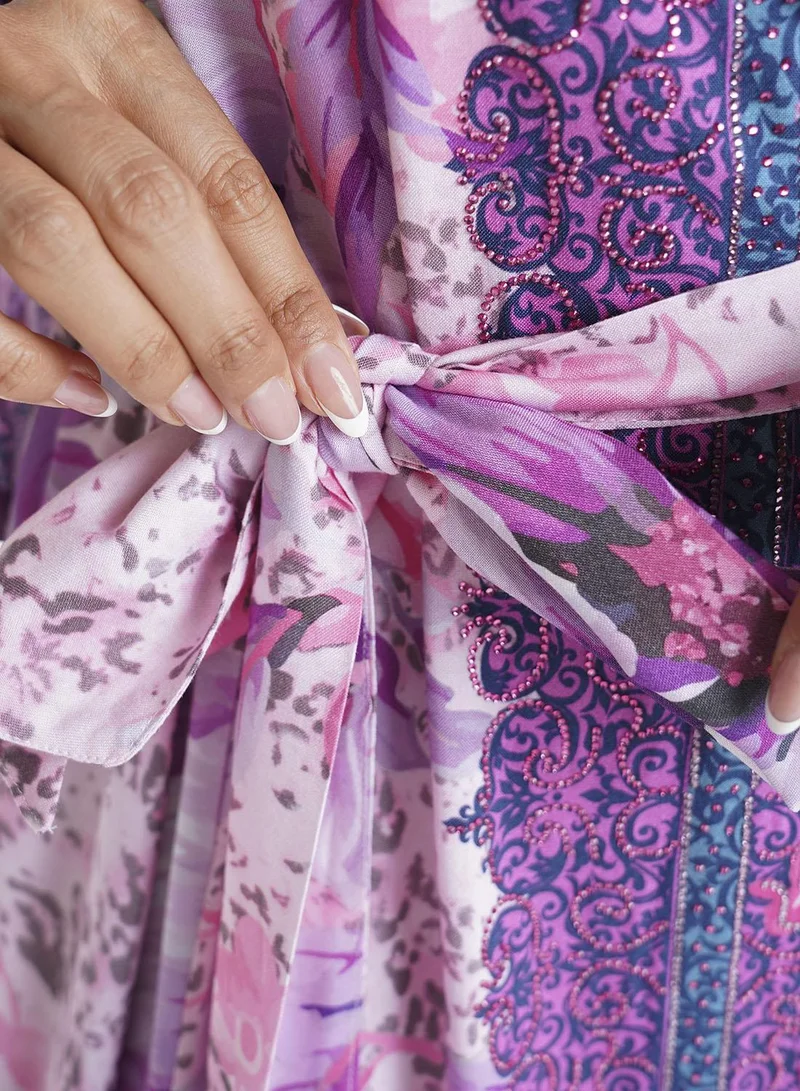 KASHKHA  Lavender Floral Printed Rayon Stone Work Jalabiya (VDM911) for Women | Best Price UAE