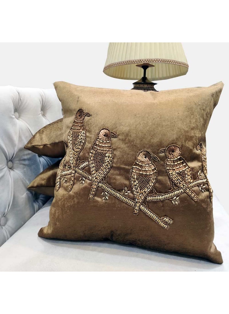 Good Vibes Suede Bronze Brown Set of 3 Ethnic Beaded Embroidered Square Combo Cushion Covers for Sofa Home Bedroom 16x16 inch or 40 x 40 cm  - Image 1