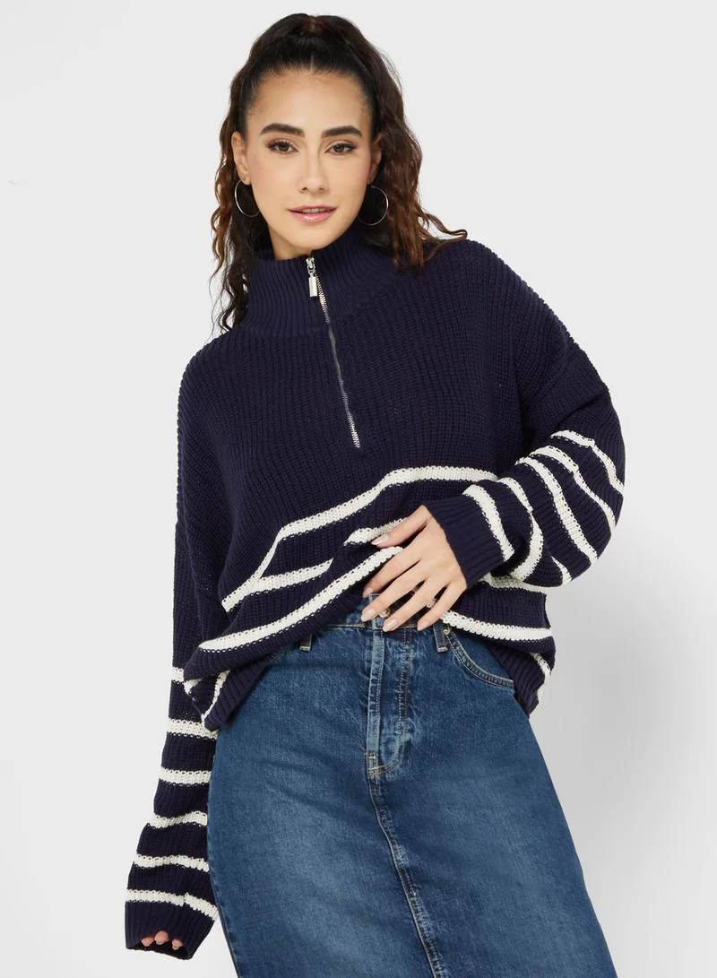 BRAVE SOUL Half Zip Stripe Sweater