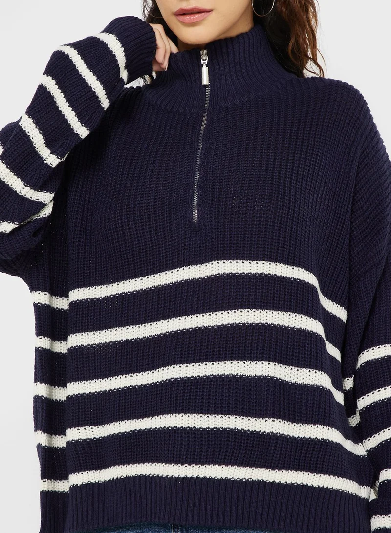 BRAVE SOUL Half Zip Stripe Sweater