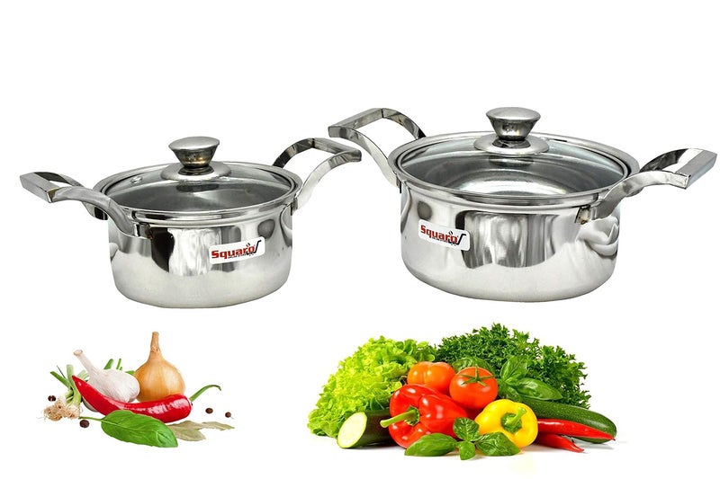 SQUARO Stainless Steel Heavy Base with Toughen Glass Lid Stock Pot Induction Gas Stove Friendly Cook and Serve Handi Set with Toughen Glass Lids Set of 2 Pcs - Image 1