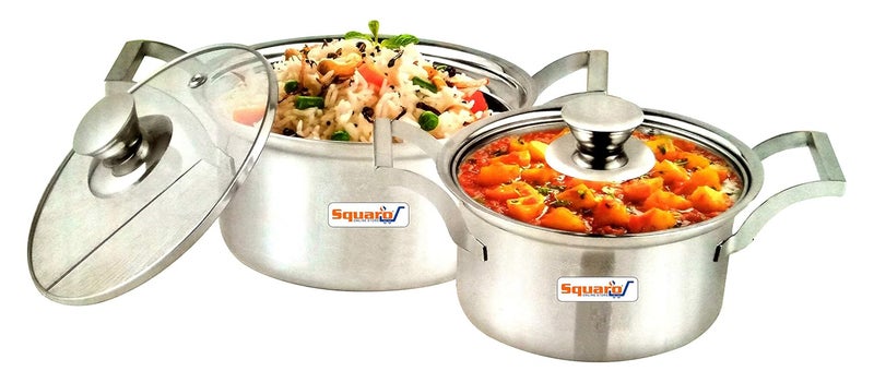 SQUARO Stainless Steel Heavy Base with Toughen Glass Lid Stock Pot Induction Gas Stove Friendly Cook and Serve Handi Set with Toughen Glass Lids Set of 2 Pcs - Image 5