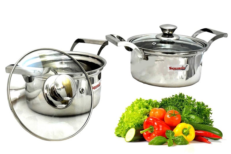 SQUARO Stainless Steel Heavy Base with Toughen Glass Lid Stock Pot Induction Gas Stove Friendly Cook and Serve Handi Set with Toughen Glass Lids Set of 2 Pcs - Image 4