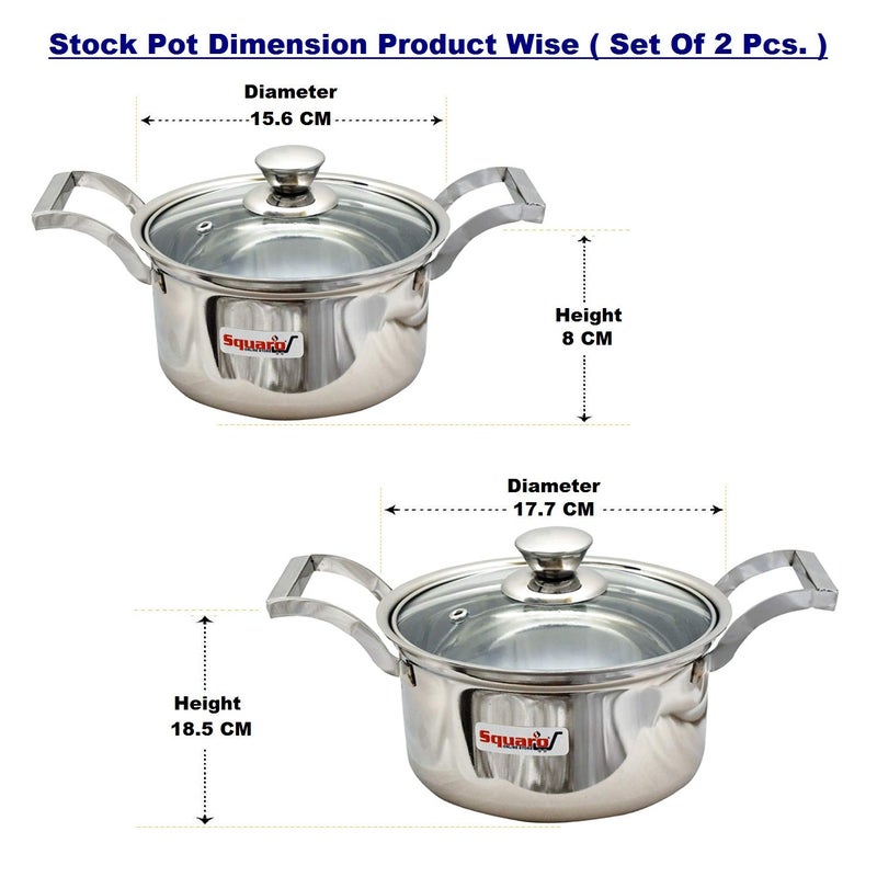 SQUARO Stainless Steel Heavy Base with Toughen Glass Lid Stock Pot Induction Gas Stove Friendly Cook and Serve Handi Set with Toughen Glass Lids Set of 2 Pcs - Image 3