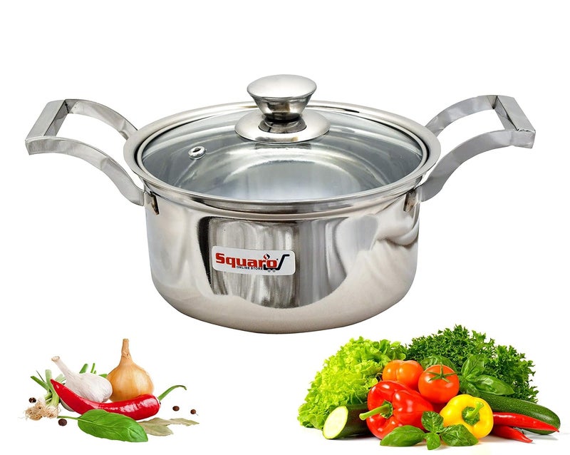 SQUARO Stainless Steel Heavy Base with Toughen Glass Lid Stock Pot Induction Gas Stove Friendly Cook and Serve Handi Set with Toughen Glass Lids Set of 2 Pcs - Image 2