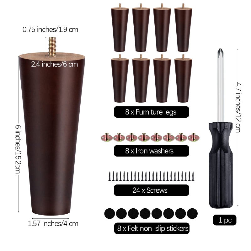 TURSTIN 8 Pieces Furniture Legs 6 Inches Round Solid Wood Furniture Feet Couch Legs Sofa Legs Replacement Legs for Armchair, Cabinet, Chair, Dresser or Home DIY Projects, Natural Wood - Image 3