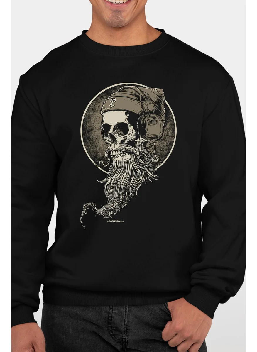 Rock&Roll Bearded Skull Black Crew Neck Thick Men's Sweatshirt