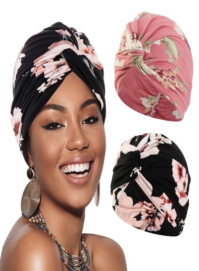 XEPST Women's Turban 2 Pieces Chemotherapy Headwear, African Elastic Hat, Dark Pink,Black, One Size - Image 1