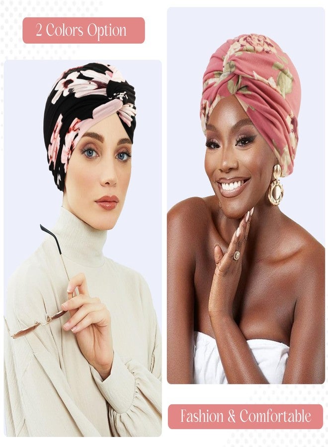 XEPST Women's Turban 2 Pieces Chemotherapy Headwear, African Elastic Hat, Dark Pink,Black, One Size - Image 5