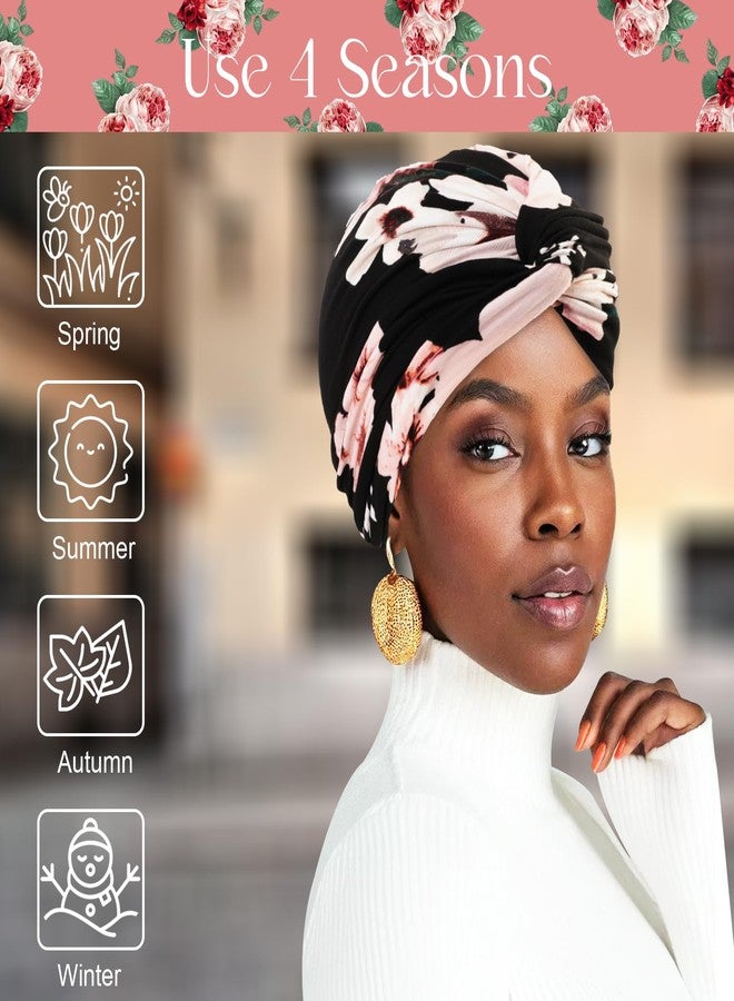 XEPST Women's Turban 2 Pieces Chemotherapy Headwear, African Elastic Hat, Dark Pink,Black, One Size - Image 4