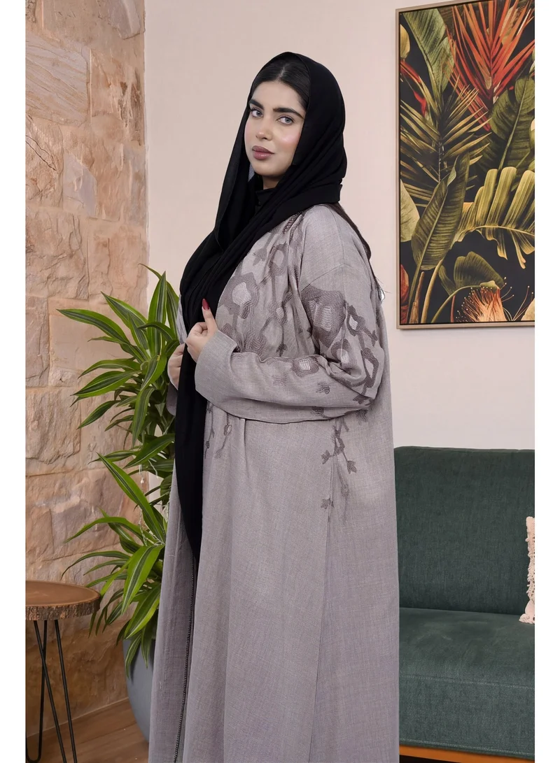 Fashion Line Elegant Embroidered Textured Open Front Abaya - Taupe Grey