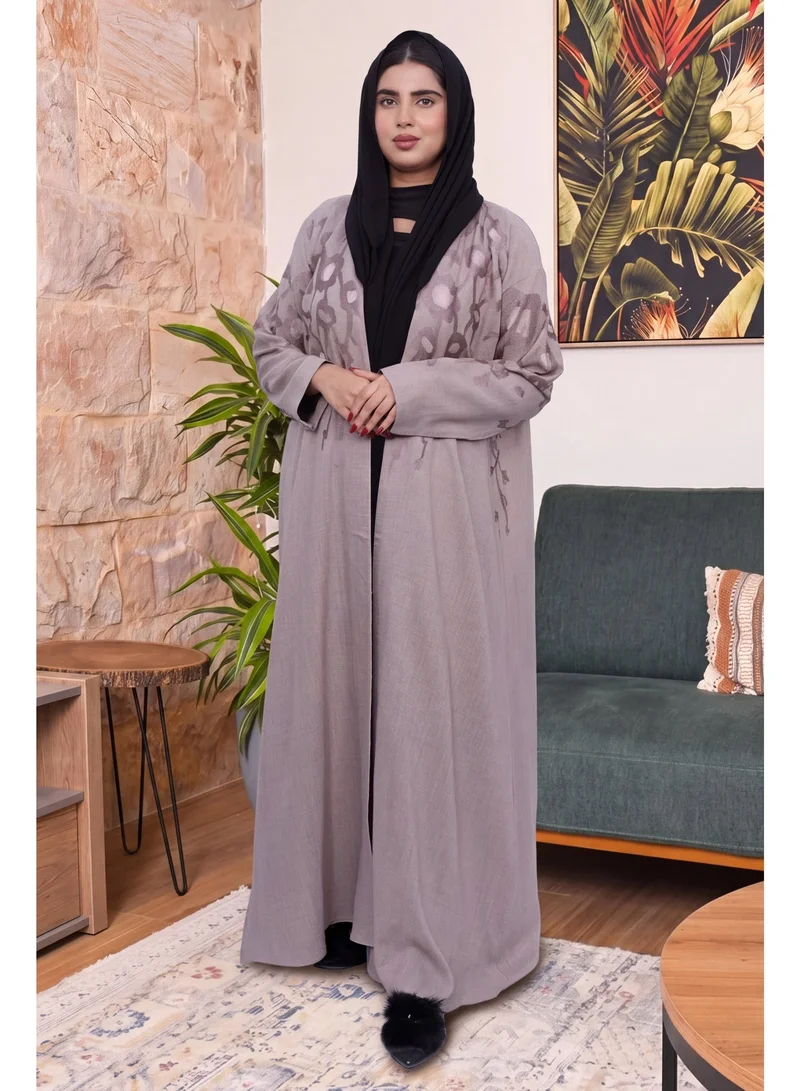 Fashion Line Elegant Embroidered Textured Open Front Abaya - Taupe Grey