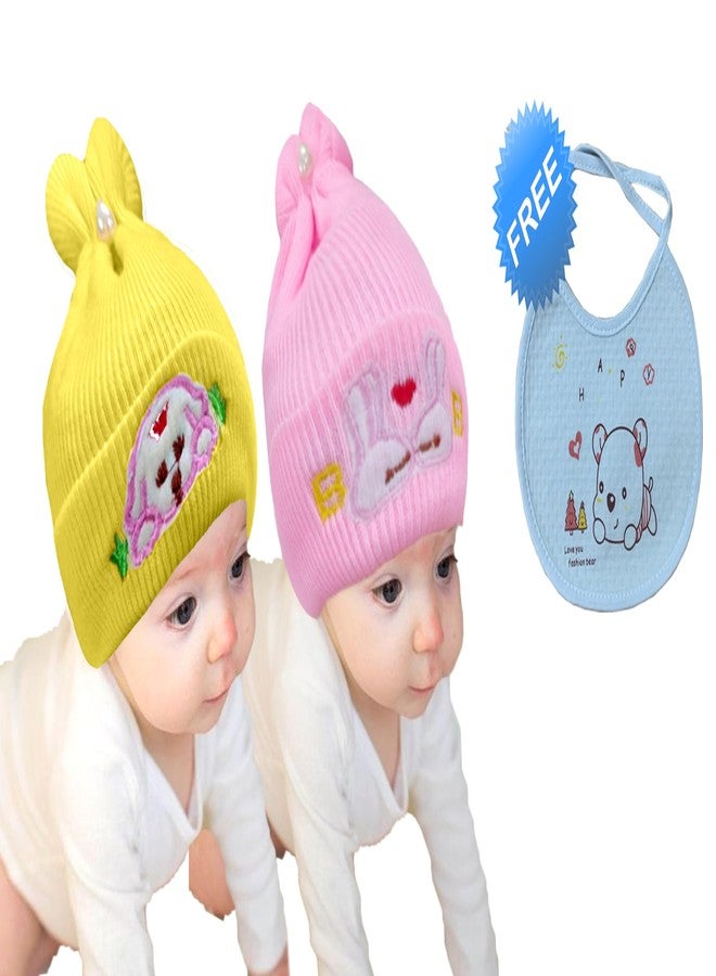 True Indian Combo Of Baby Winter Warm Cap & Baby BIBS I New Born Baby Kid's Hat | Cotton Baby Bibs/Baby Apron with Titch Button I Woolen Cap for Kid's Boy's & Girl's (0-3 Months, LIGHT PINK - YELLLOW) - Image 1