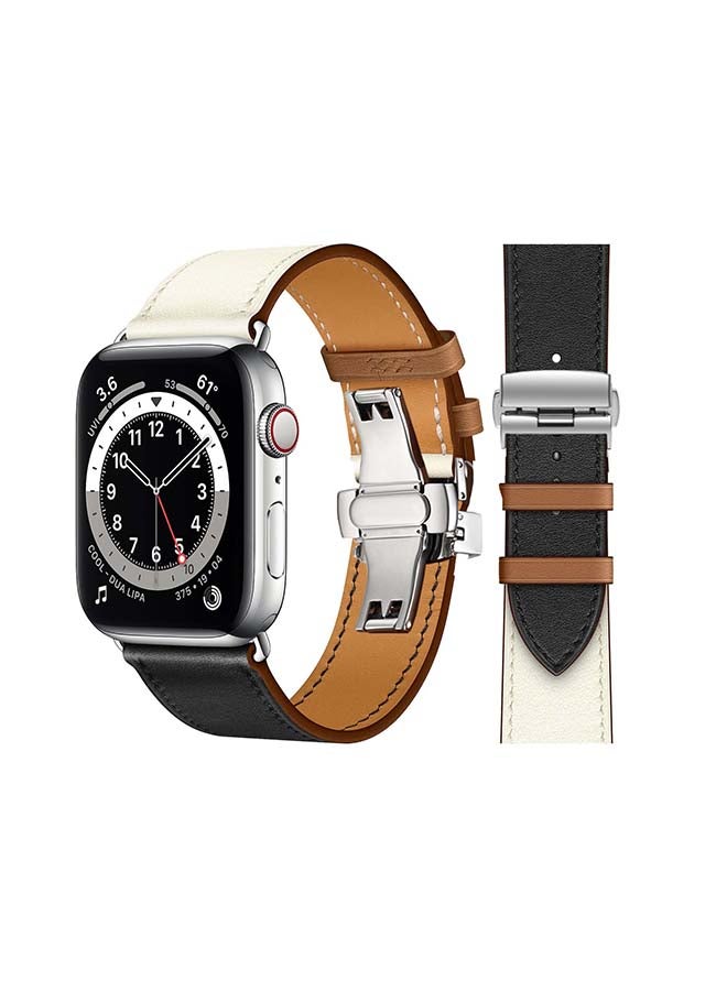 Perfii Genuine Leather Replacement Band with Silver Buckle for Apple Watch Series 6/SE/5/4/3/2/1 44/42mm White/Black - Image 1