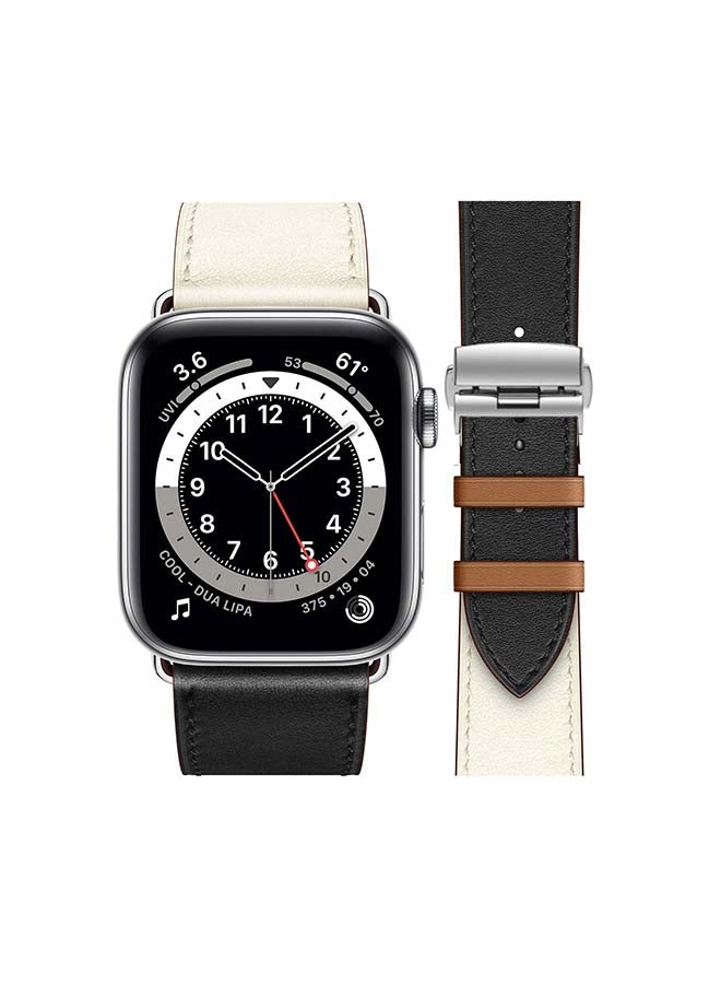 Perfii Genuine Leather Replacement Band with Silver Buckle for Apple Watch Series 6/SE/5/4/3/2/1 44/42mm White/Black - Image 2