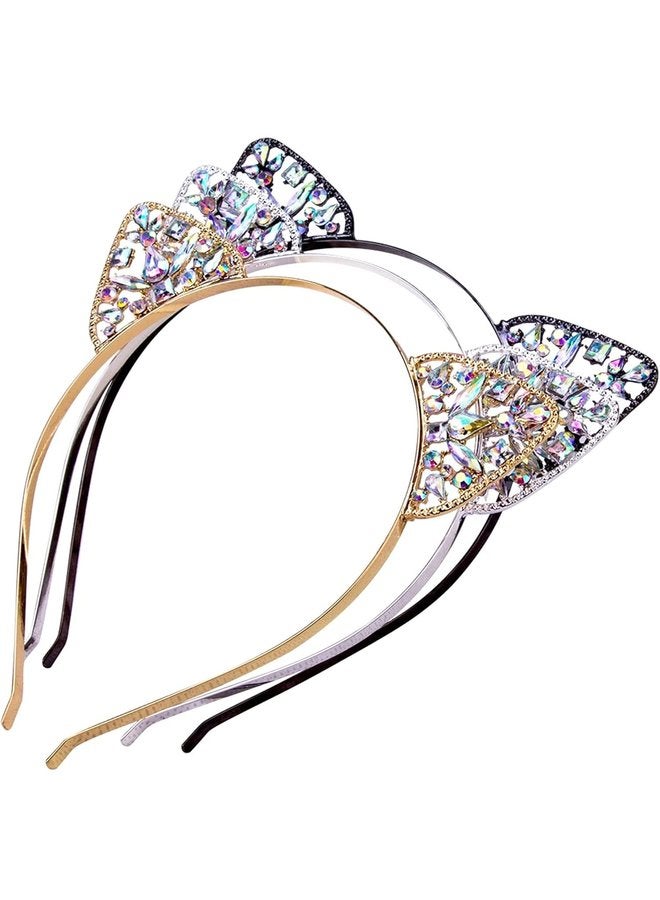 Oasisgalore 3 Pcs Rhinestone Cat Ears Headbands, Crystal Hair Hoops for Women, Handmade Accessories.  - Image 1
