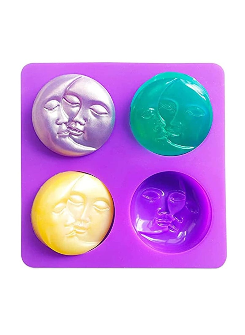 Excefore Sun & Moon Silicone Soap Moulds, 4 Cavity Crescent Moon Face Silicone Soap Mould for Homemade Lotion Bar, Bath Bombs, Polymer Clay, DIY Candle Resin Making - Image 1