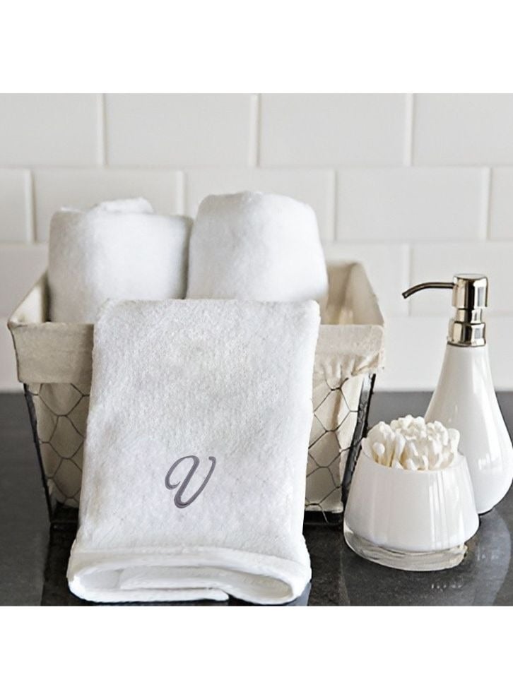 BYFT Embroidered For You (White) Luxury Monogrammed Towels (Set of 1 Hand & 1 Bath Towel) 100% Cotton, Highly Absorbent and Quick dry Bath Linen -600 Gsm (Silver Letter V) - Image 1
