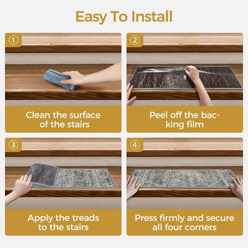 sarben Non Slip Stair Treads for Wooden Steps 15PCS - 8"x30" Indoor Safety Carpet, Edging Mats with TPE Adhesive Backing, Pet and Elderly Friendly Stair Rugs (Charcoal&Gray) - Image 4
