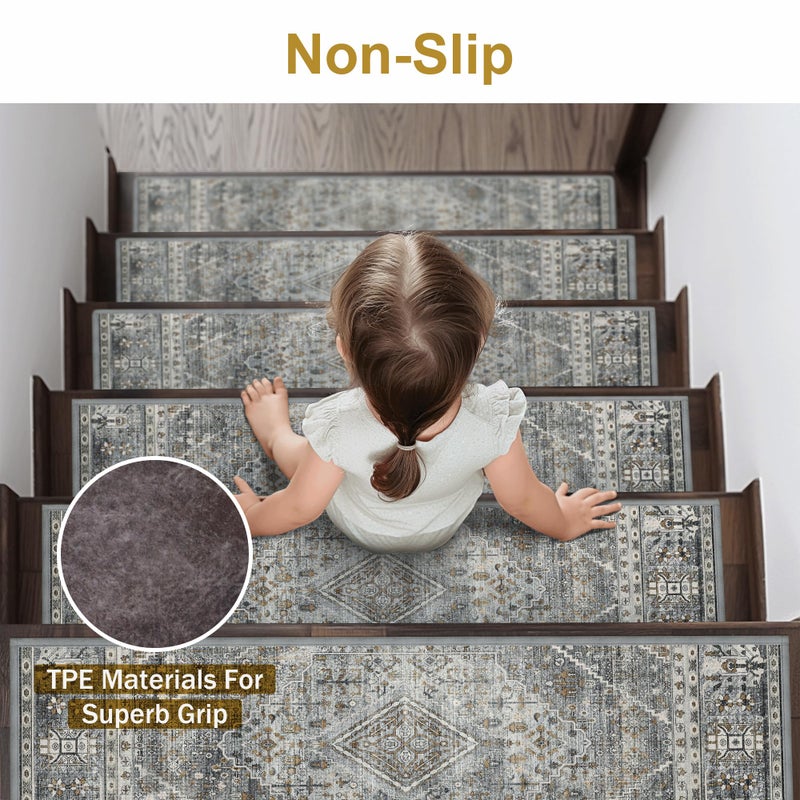 sarben Non Slip Stair Treads for Wooden Steps 15PCS - 8"x30" Indoor Safety Carpet, Edging Mats with TPE Adhesive Backing, Pet and Elderly Friendly Stair Rugs (Charcoal&Gray) - Image 2