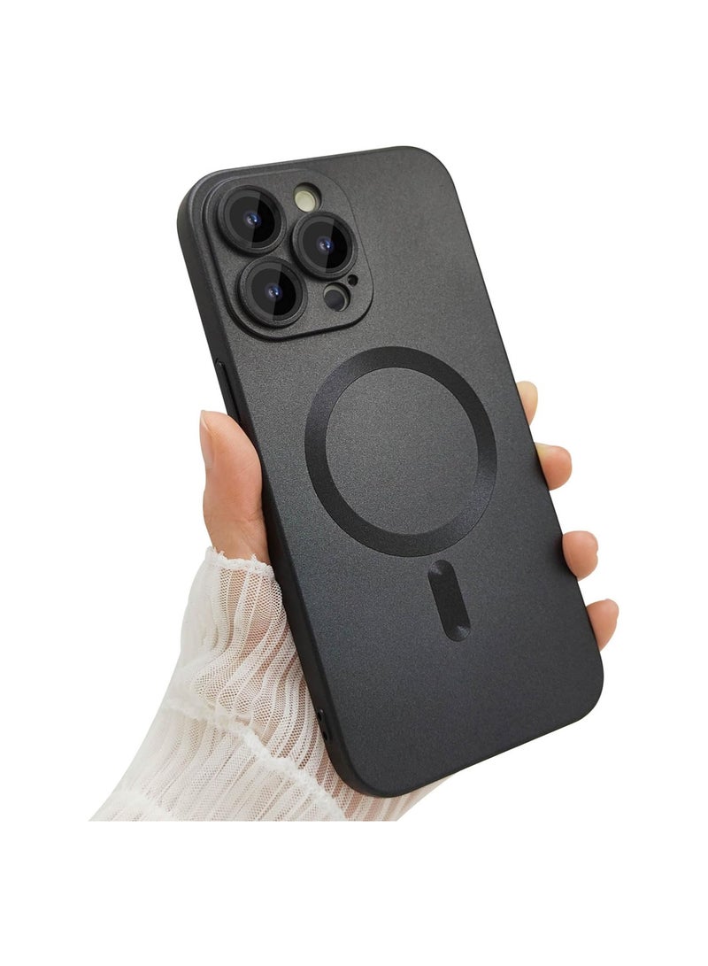 حافظة مغناطيسية لهاتف iPhone 14 Pro Max للنساء، تصميم فاخر بلمعة معدنية ناعمة مطفية مع حامي لعدسة الكاميرا، متوافقة مع حافظة Magsafe لهاتف iPhone 14 Pro Max بقياس 6.7 بوصة - اللون: أسود - Image 1