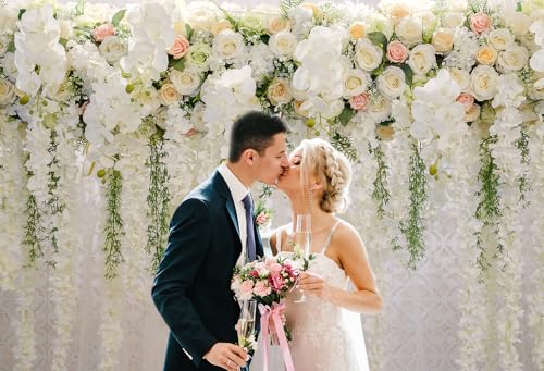 Mocsicka Wedding Flower Backdrop Wall Floral Bridal Shower Backdrops for Photoshoot Wedding Decoration for Reception White Rose Floral Photography Background Banner(7x5ft) - Image 3