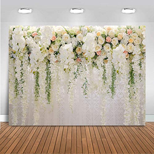 Mocsicka Wedding Flower Backdrop Wall Floral Bridal Shower Backdrops for Photoshoot Wedding Decoration for Reception White Rose Floral Photography Background Banner(7x5ft) - Image 1