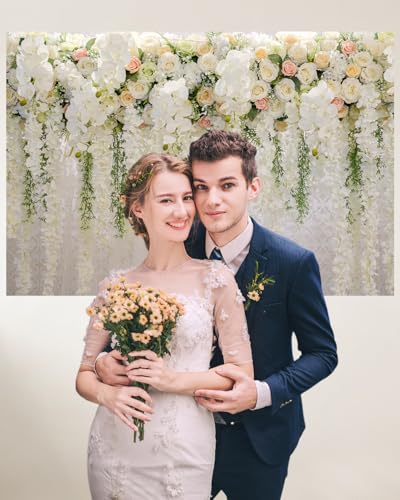 Mocsicka Wedding Flower Backdrop Wall Floral Bridal Shower Backdrops for Photoshoot Wedding Decoration for Reception White Rose Floral Photography Background Banner(7x5ft) - Image 2