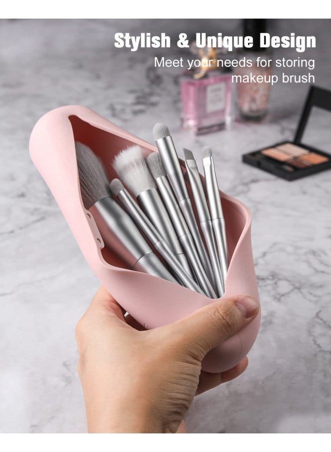 FERYES Travel Makeup Brush Holder, Magnetic Anti-fall Out Silicon Portable Cosmetic Face Brushes Holder, Soft and Sleek Makeup Tools Organizer for Travel-Pink - Image 3