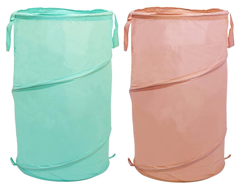 Kuber Industries Multipurpose Foldable Collapsible 50Litre PopUp Laundry Bag Basket with Zippered Lid And Carry HandleSet of 2 Green Peach - Image 1