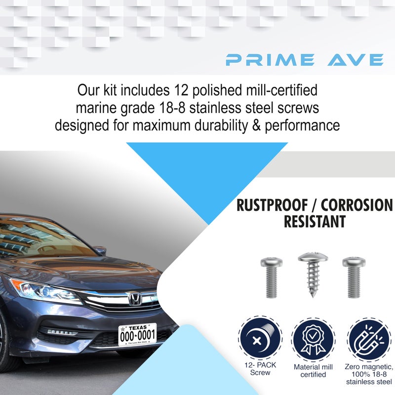 PRIME AVE Stainless Steel License Plate Screws for License Plates, Frames & Covers - Rust Proof Car Tag Screws for Front & Rear - Licence Plate Screw Set Compatible with Honda & Acura - Image 3