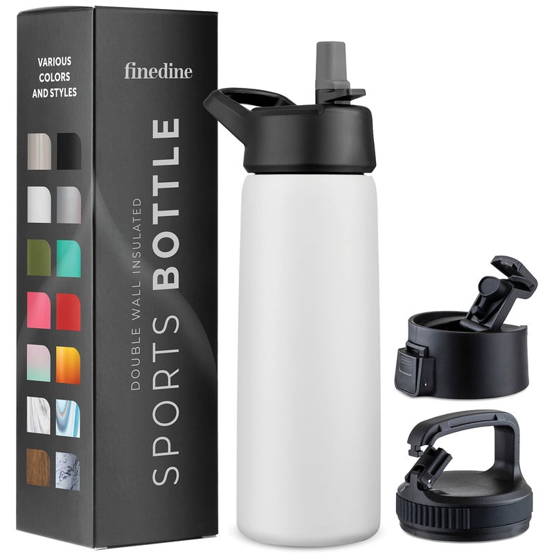 FineDine Triple Walled Insulated Water Bottles with Straw  25 Oz Stainless Steel Metal Bottle W 3 Leak Proof Lids  For Travel School Sports GymMen Women  Kids  Pure Pearly White