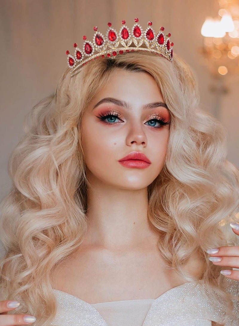 تاج زفاف من حجر الراين للنساء، تاج الملكة الملكي، إكسسوارات شعر من الكريستال للأميرة في حفلات الزفاف، أحمر - Image 5