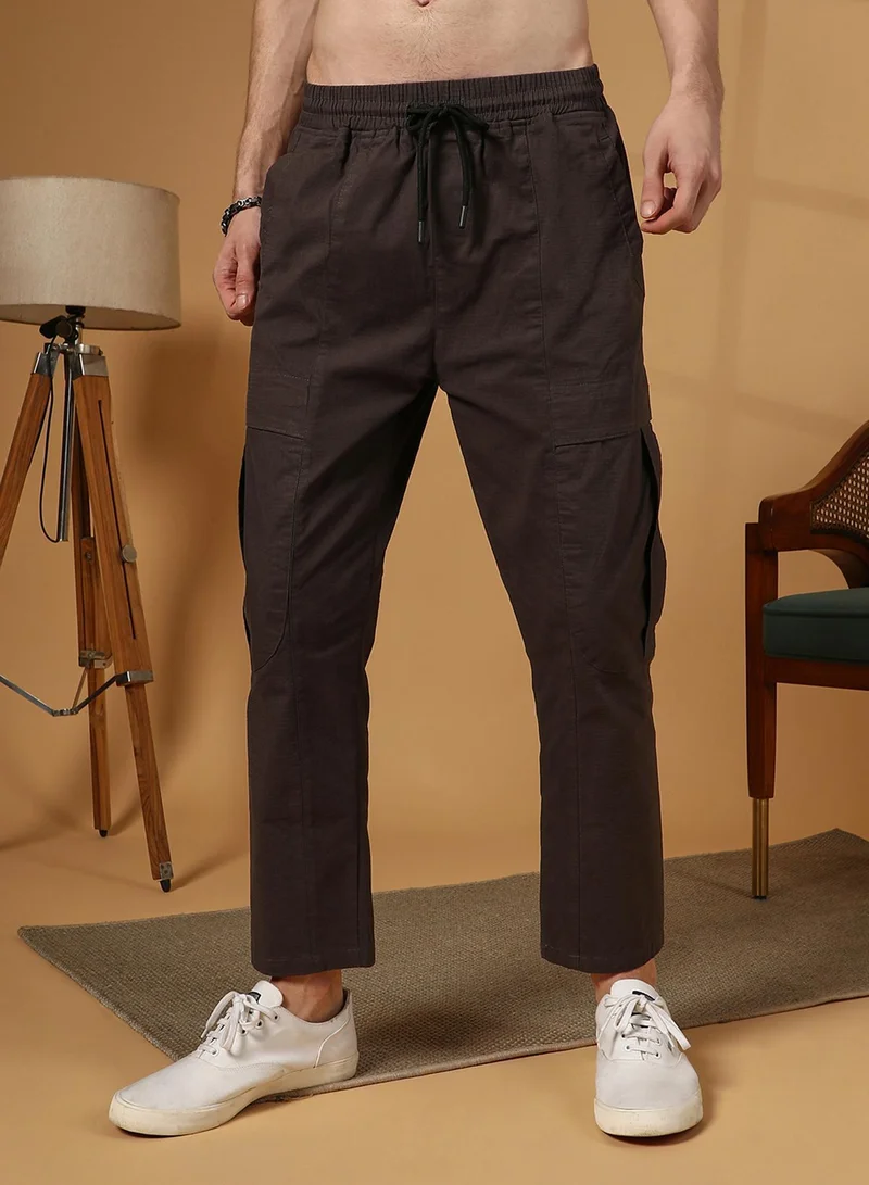 Campus Sutra Men's Umber Brown Solid Utility Trousers