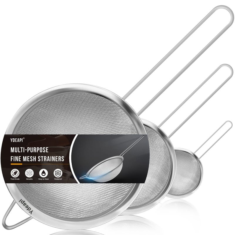 Ydeapi Fine Mesh Strainer Stainless Steel Strainers with Sturdy Handle Set of 3 Metal Sieve for Kitchen Food Rice Quinoa Tea  7 47 3