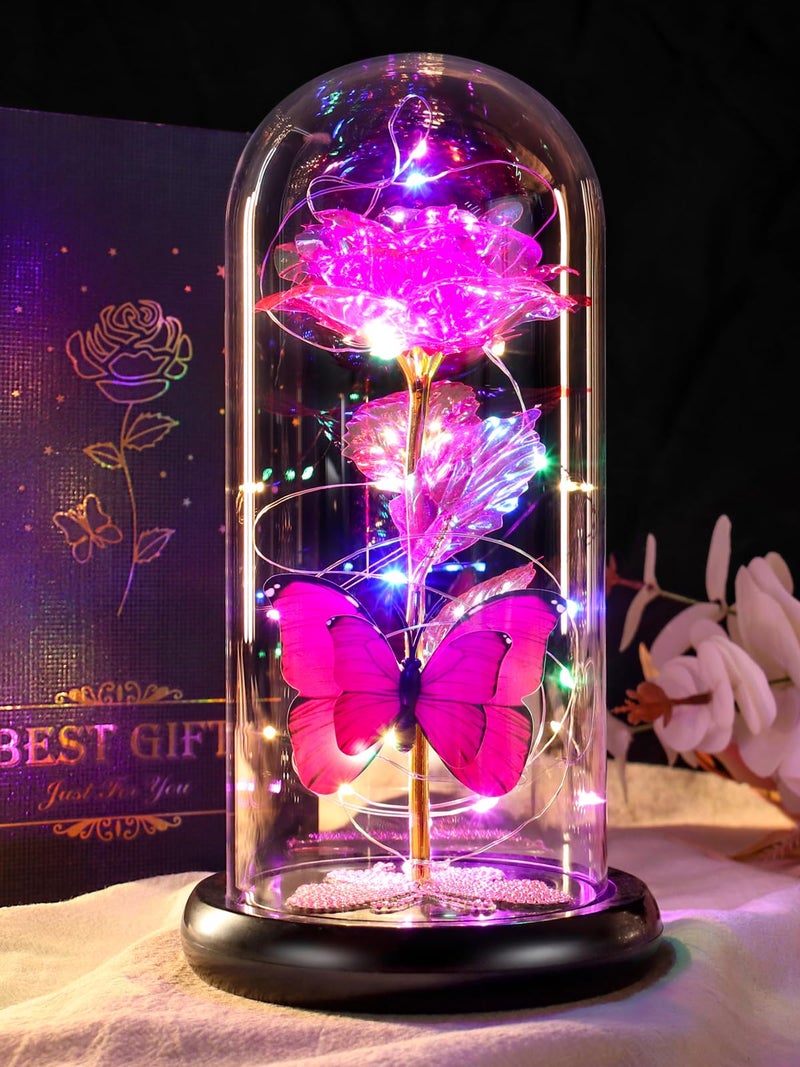 DEEMEI Birthday Gifts for Women Pink Rose Eternal Flower Light Up Rose in Glass Dome with Butterfly Flowers for Delivery Prime Anniversary Grandma Mom Gift Wife Girlfriend