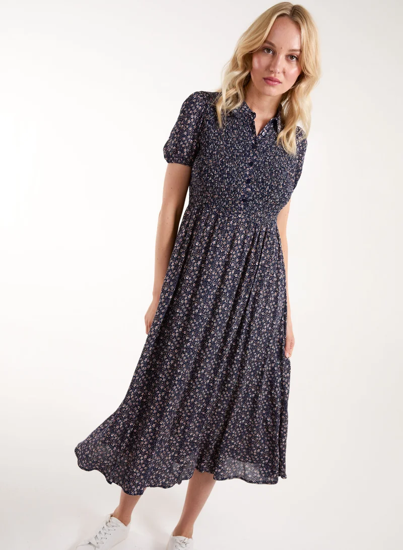 Blue Vanilla Puff Sleeve Shirred Midi Shirt Dress