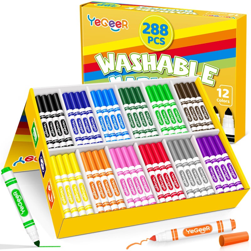 YEGEER Washable Markers Bulk 12 Assorted Colors 288 Count Washable Markers for Kids School and Teacher Classroom Supplies Coloring Marker for Ages 3 Year Old Boys Girls 288 - Image 2