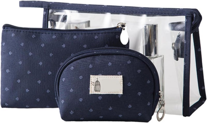 Navy Blue 3 قطع حقيبة ماكياج سفر PVC شفاف مجموعة حافظة مستحضرات تجميل محمولة حقيبة منظم - Image 1