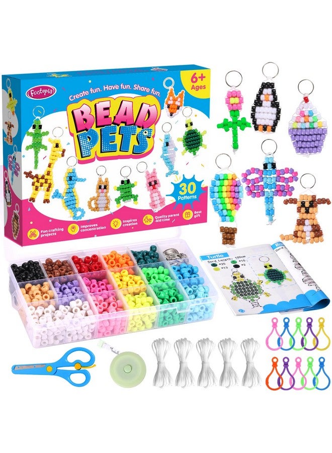 Funtopia Beads for Crafts, Pony Beads Keychain Making Kit, Bead Pets Art Crafts for Kids Beginners, Birthday Party DIY Craft for Girls Boys (1500 Beads, 30 Designs) - Image 1