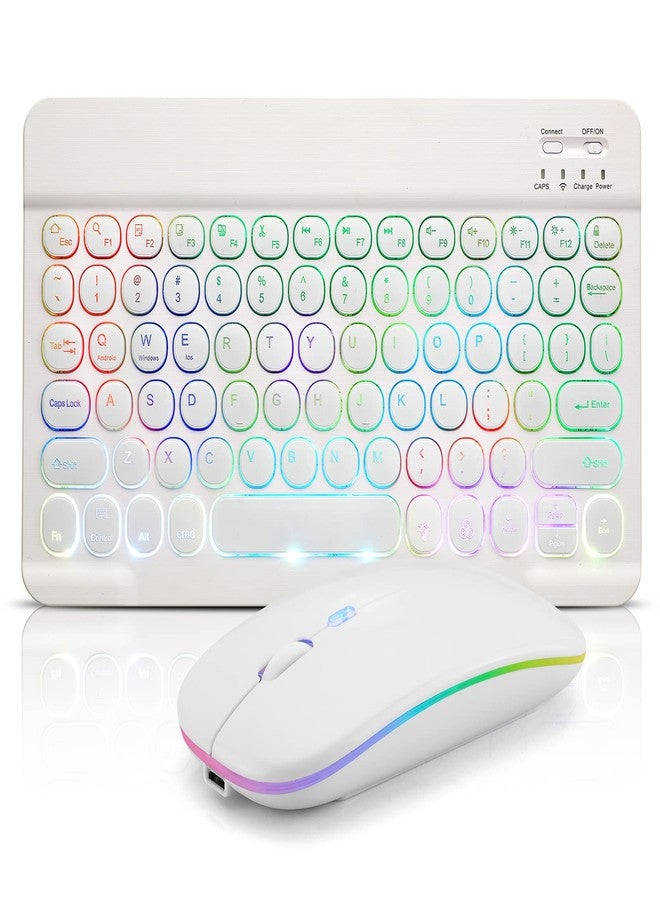 Guiheng Ultra-Slim Bluetooth Keyboard and Mouse Portable Mini Wireless Keyboard Rechargeable 7-Color Backlit for Apple iPad iPhone Samsung Tablet iPhone Smartphone iOS Android Windows,Round Keys White - Image 1